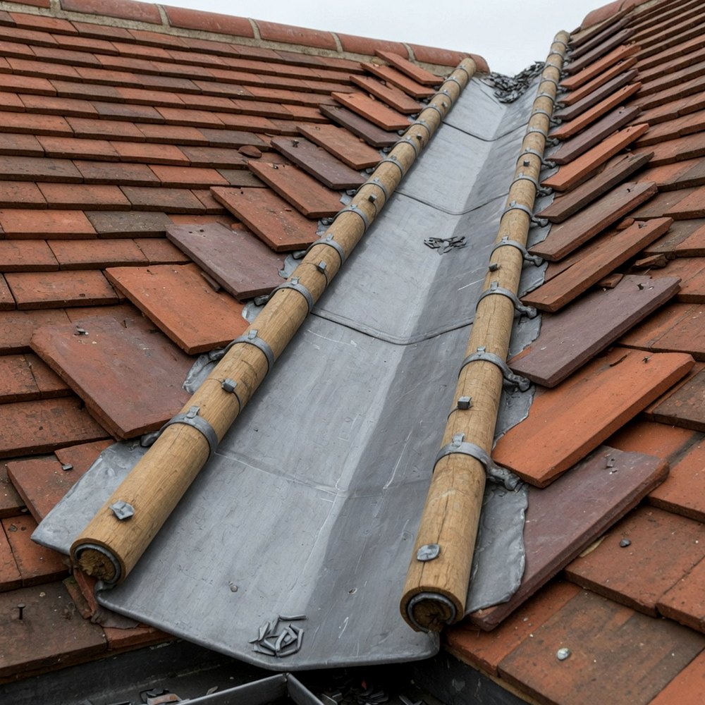 Sheet-lead valley gutter dressed between two pitches of a tiled roof