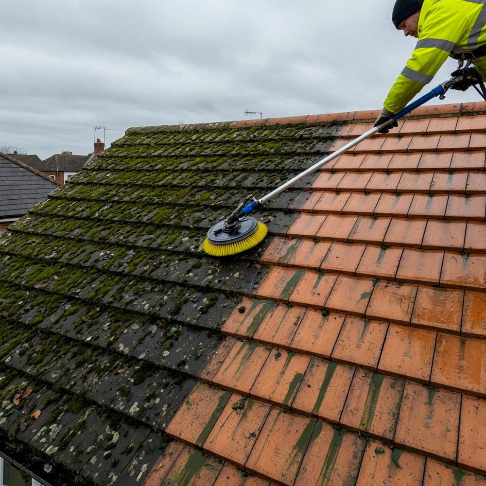 Rotary brush clearing moss from a tiled roof, clean tiles beside remaining growth