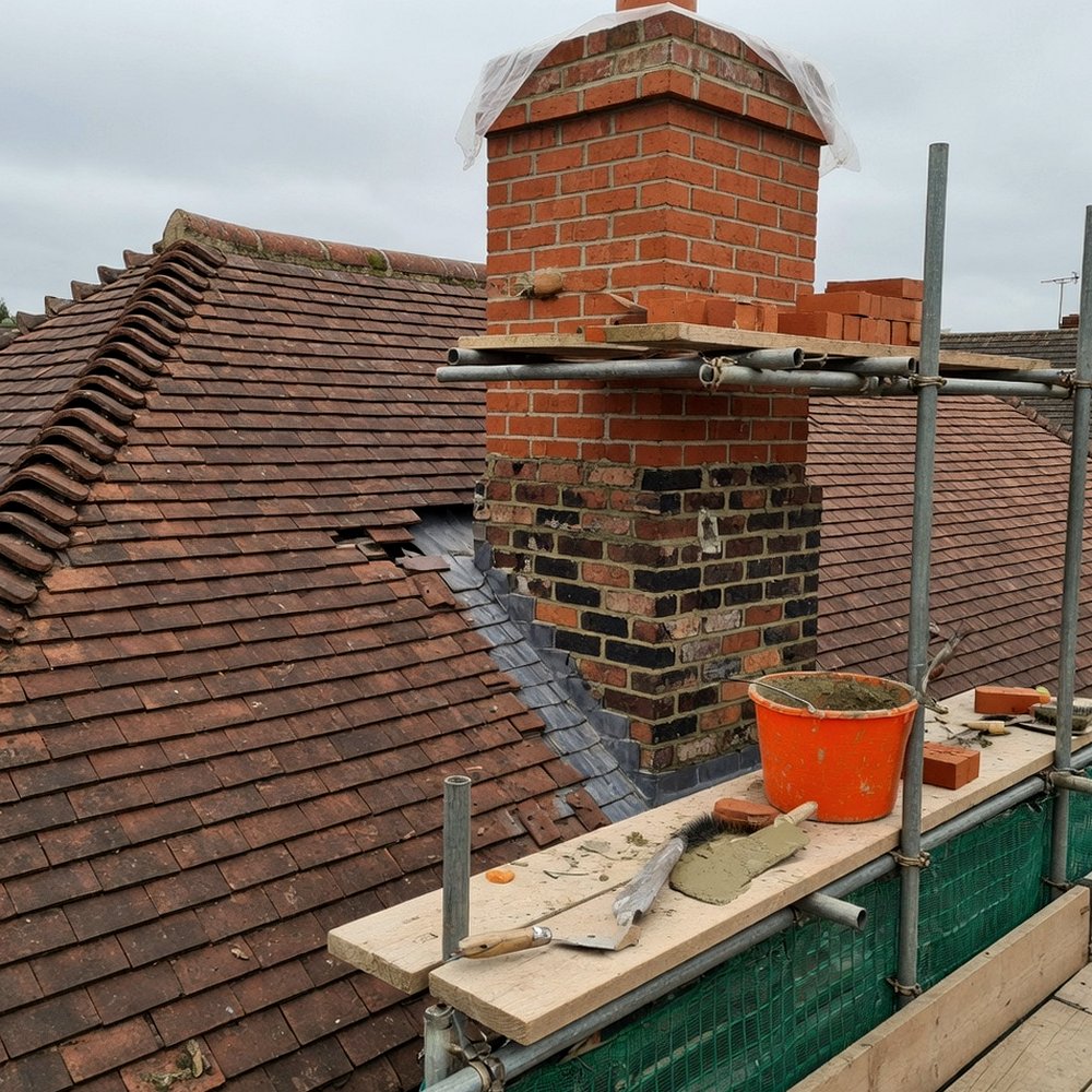 Brick chimney stack being rebuilt from scaffolding on a tiled roof