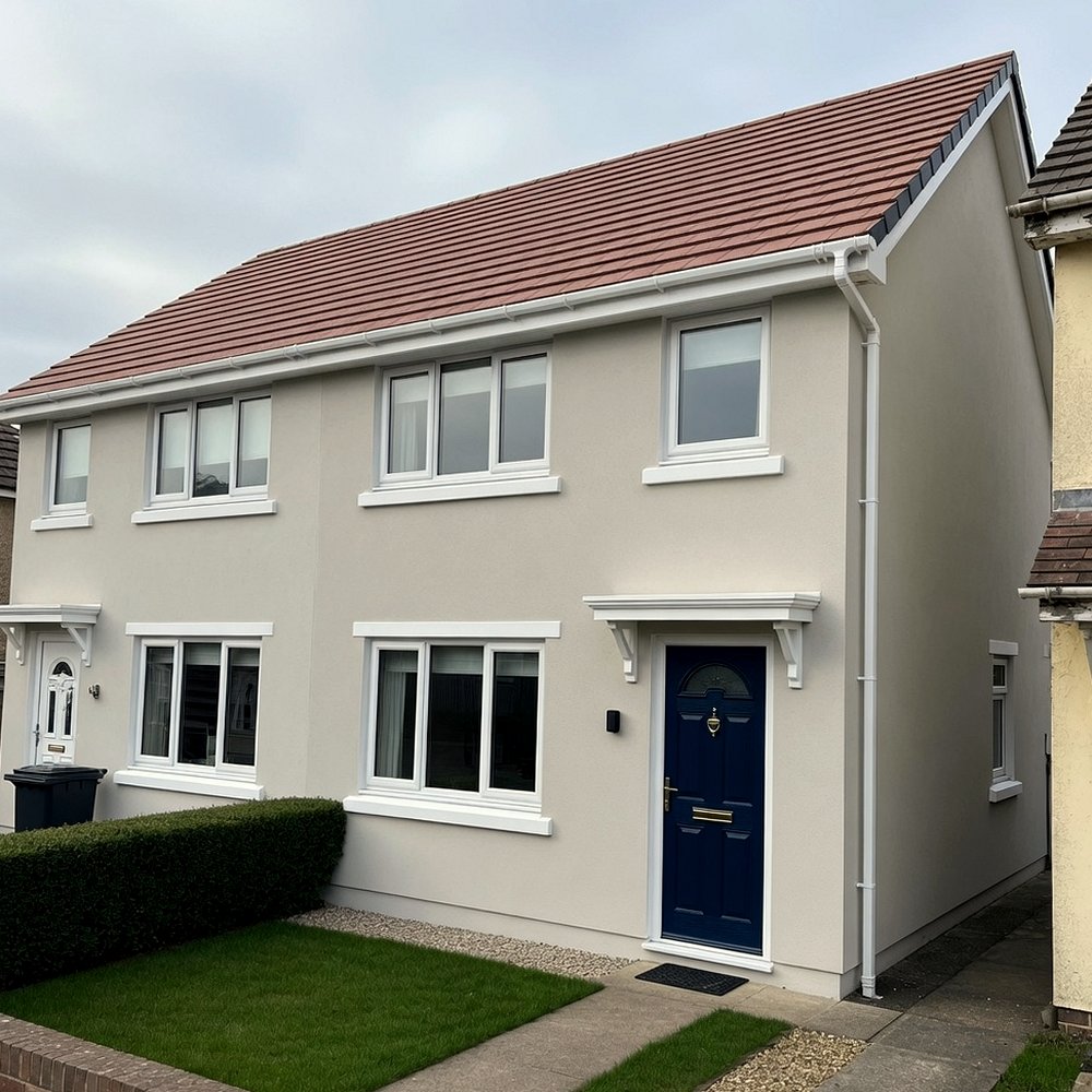 Rendered house with new tiled roof, white fascia and replacement windows