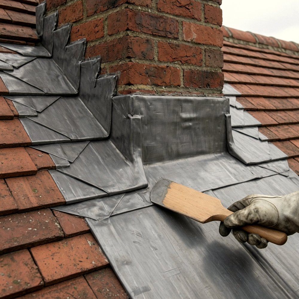 Lead flashing being dressed around a brick chimney on a clay-tiled roof