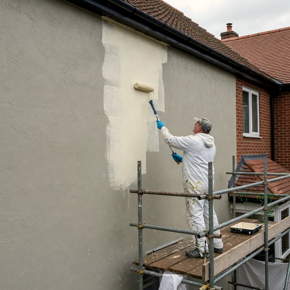 Decorator on scaffolding rolling cream masonry paint onto a rendered house wall