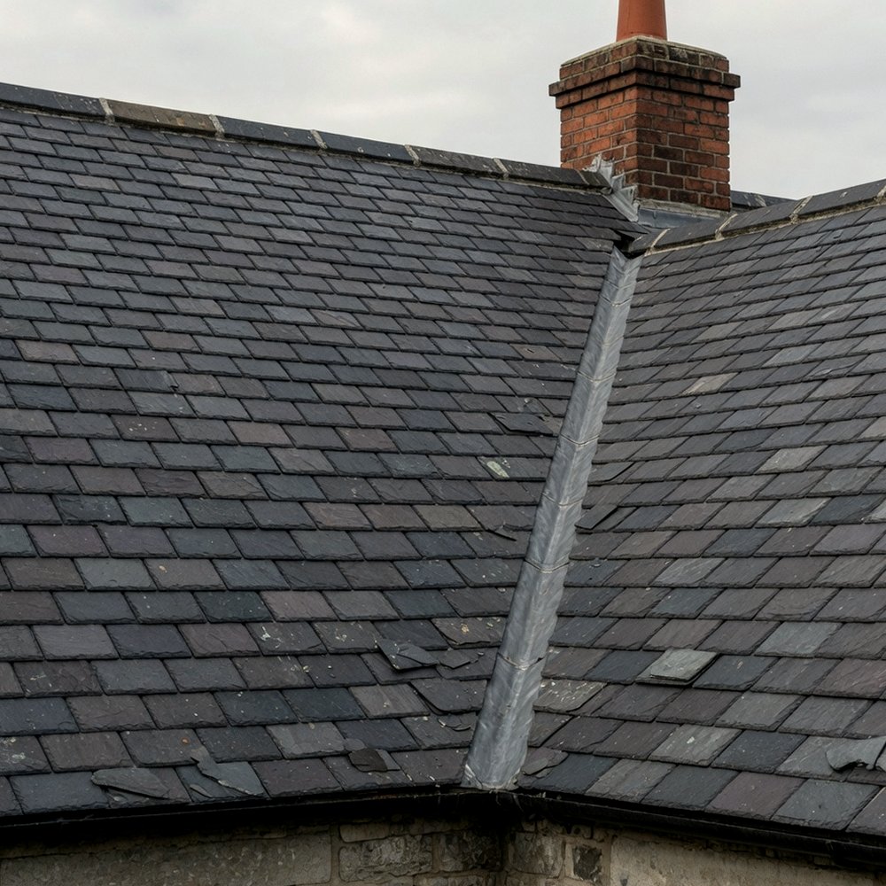 Dark grey slate roof with a lead valley and brick chimney