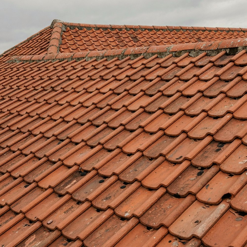 Close view of overlapping terracotta clay tiles on a pitched roof